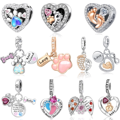 Copper Rhinestone Pet Paw Print Heart Charm Pendant For DIY Jewelry Making Women Baby Footprint Fashion Jewelry Charm Accessories
