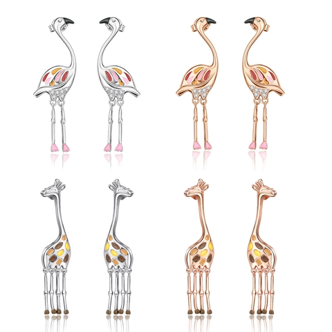 Enamel Flamingo Giraffe Drop Earrings With 925 Sterling Silver Earring Post Copper Zirconia Animal Jewelry For Women Gift