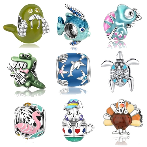Animal Copper Enamel Pendant Charm For DIY Bracelet Sea Turtle Flamingo Crocodile Walrus Bunny Fish Jewelry Accessories