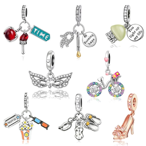 925 Sterling Silver DIY Charm Bead Zirconia Movie Cinema Theme Summer Beach High Heel For Jewelry Making Bracelet Necklace Women