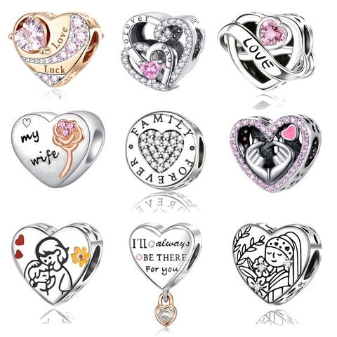 Copper Heart Rhinestone Charms For DIY Bracelet Making Fashion Jewelry Engraved Love Family Pendant Women Gift Accessories