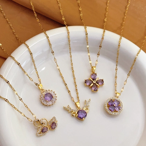 Stainless Steel Purple Rhinestone Pendant Necklace For Women Gold Plated Clover Swan Heart Water Drop Fashion Jewelry