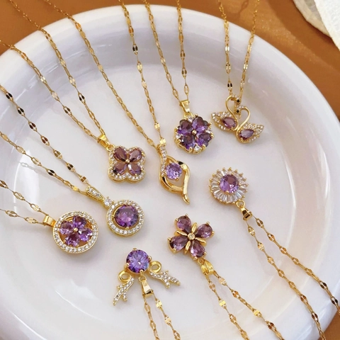 Stainless Steel Purple Rhinestone Pendant Necklace For Women Gold Plated Clover Swan Heart Water Drop Fashion Jewelry