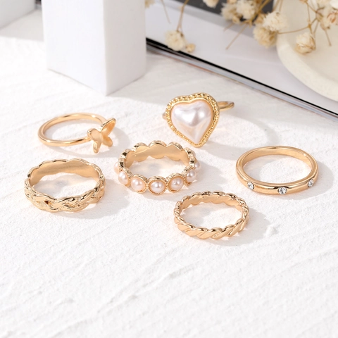 Vintage Schmetterling Herz Künstliche Perle Strass Legierung Ring Kollektion Für Damen Elegante Goldene Fingerringe Schmuck
