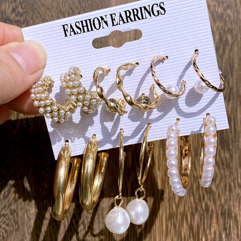 Parure de Boucles d'Oreilles Vintage Alliage Perles Artificielles Strass Femme Créoles et Puces Géométriques Or Argent Bijoux