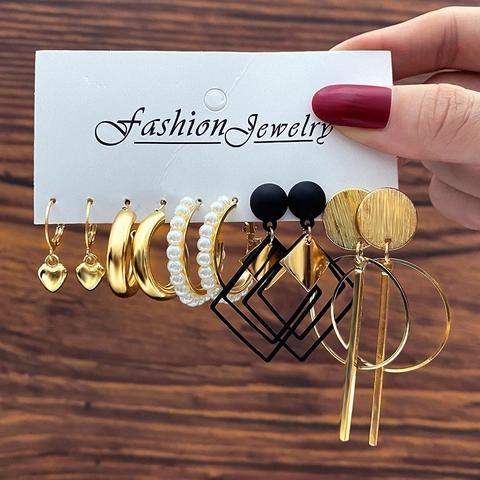 Vintage Alloy Geometric Earring Collection For Women Gold Heart Imitation Artificial Pearl Circle Tassel Stud Earrings Jewelry