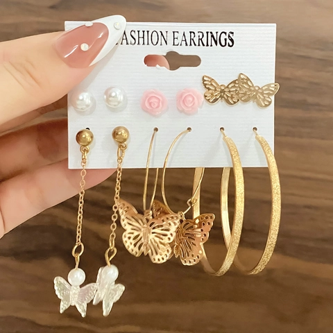 Alloy Butterfly Artificial Pearl Flower Stud Earrings With Steel Post Gold Asymmetric Tassel Heart Star Moon Hoop Women Jewelry