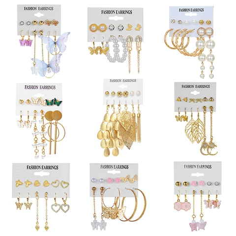 Alloy Butterfly Artificial Pearl Flower Stud Earrings With Steel Post Gold Asymmetric Tassel Heart Star Moon Hoop Women Jewelry