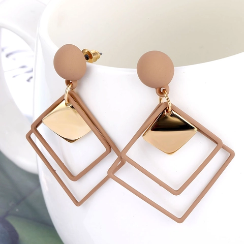 Vintage Geometric Diamond Hollow Stud Earrings Alloy Matte Earthy Colors Square Metal Pendant For Women Fashion Jewelry