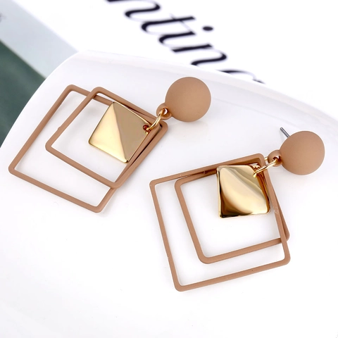 Vintage Geometric Diamond Hollow Stud Earrings Alloy Matte Earthy Colors Square Metal Pendant For Women Fashion Jewelry