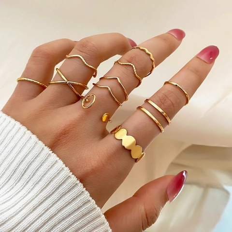 Bohemian Stacking Rings Collection Alloy Gold Silver Tone Wave Heart Geometric Finger Jewelry Knuckle Midi Rings For Women