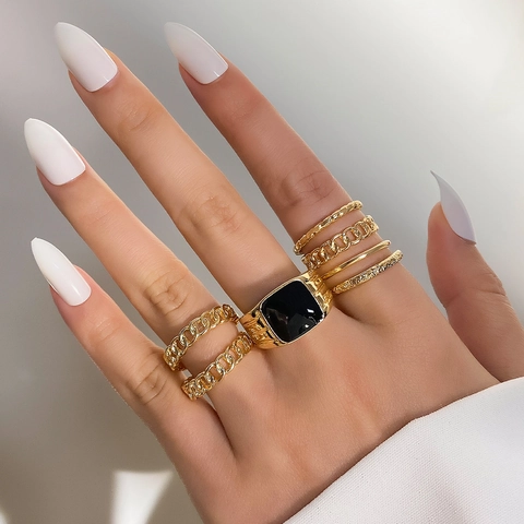 Hip Hop Vintage Gold Legierung Ringe Emaille Quadrat Geometrische Kette Offene Ringe Für Herren Damen Schmuck Ringe Kollektion