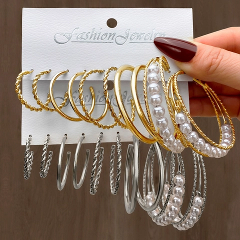 Vintage Gold Silber Creolen Für Damen Mode Legierung Schmuck Mit Künstlicher Perle Geometrische Design Ohrring Kollektion