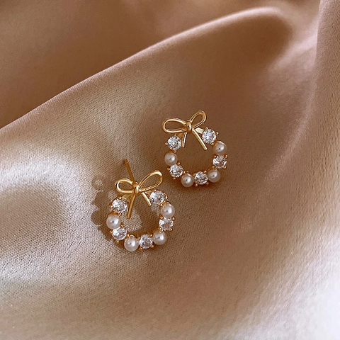 925 Sterling Silver Post Bow Wreath Stud Earrings For Women Sweet Artificial Pearl Rhinestone Korean Fashion Gold Silver Jewelry