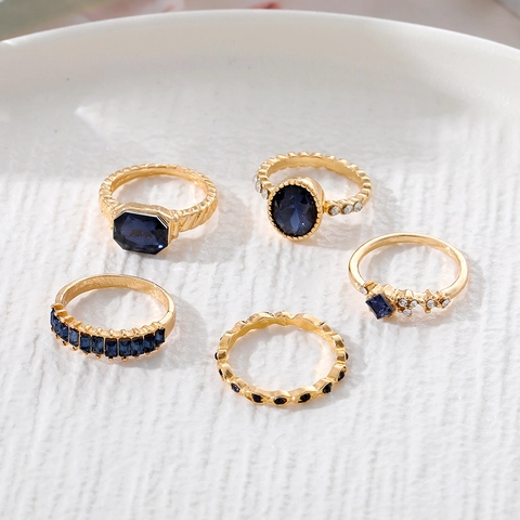 Juego De Anillos Vintage De Aleación Chapada En Oro Con Cristal Mujer Azul Púrpura Negro Verde Ovalado Geométrico Regalo