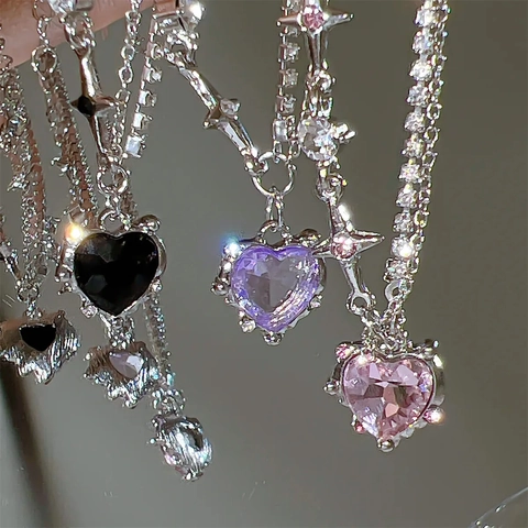 Y2K Stil Legierung Herz Anhänger Halskette Für Damen Luxus Kristall Eingelegt Schlüsselbein Kette Stern Dekor Schmuck Geschenk