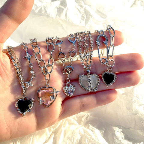 Y2K Stil Legierung Herz Anhänger Halskette Für Damen Luxus Kristall Eingelegt Schlüsselbein Kette Stern Dekor Schmuck Geschenk