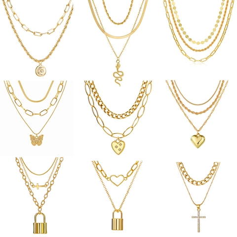 Vintage Mehrlagige Halskette Für Damen Gold Silber Legierung Anhänger Kette Mit Herz Kreuz Mond Schmetterling Schlange Schmuck