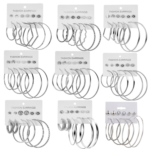 Lot de 6 Paires de Boucles d'Oreilles en Alliage Strass et Fausse Künstliche Perle pour Femme Créoles Géométriques en Forme de C Bijoux