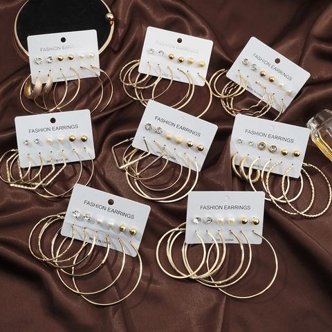Lot de 6 Paires de Boucles d'Oreilles en Alliage Strass et Fausse Künstliche Perle pour Femme Créoles Géométriques en Forme de C Bijoux