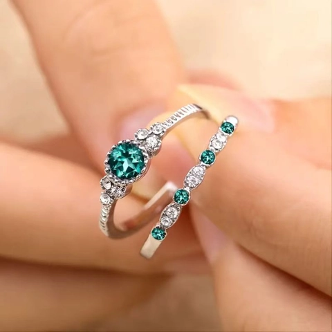 Vintage Alloy Emerald Green Sapphire Blue Rhinestone Double Band Stackable Rings For Women Geometric Fashion Jewelry Gift