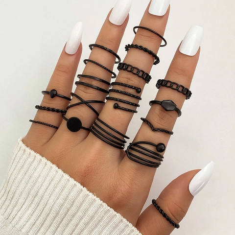 Bohemian Alloy Stackable Ring Set For Women Geometric Punk Black Gold Silver Color Heart Butterfly Snake Chain Adjustable Joint Rings Jewelry Gift