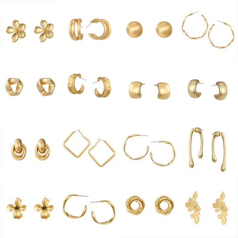 Vintage Matte Gold Alloy Geometric Stud Earrings For Women Minimalist Twist Flower C-Shaped Hoop Earrings Fashion Jewelry