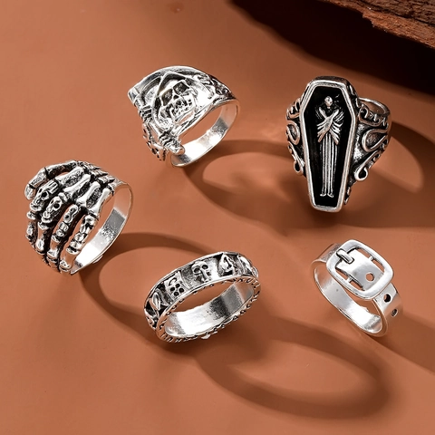 Gothic Punk Skeleton Hand Skull Coffin Belt Buckle Rings Collection For Women Men Vintage Antique Silver Alloy Finger Rings Jewelry