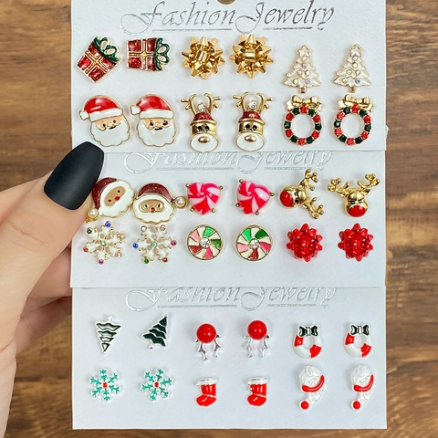 Set di 6 Paia di Orecchini a Bottone Natalizi per Donna in Lega di Smalto Babbo Natale Renna Albero di Natale Fiocco di Neve Strass Regalo