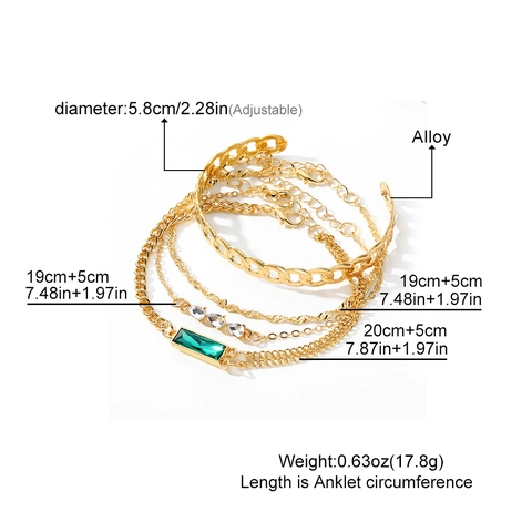Vintage Gold Alloy Emerald Green Gemstone Water Drop Bracelet Set Multilayer Cuban Link Chain Bangle For Women Fashion Jewelry