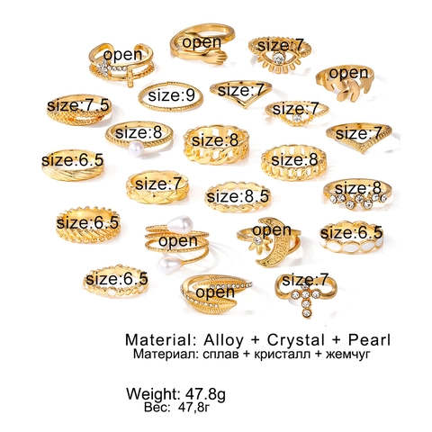 Bohème Alliage Perle Artificielle Strass Bague Vintage Géométrique Lune Étoile Mauvais Œil Croix Bagues Bijoux Femme