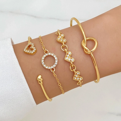 Vintage Goud Legering Strass Hart Knoop Oneindigheid Armband Set Voor Vrouwen Mode Stapelbare Bangle Sieraden Meerdelig Cadeau