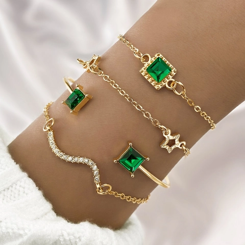 Emerald Green Square Gemstone Star Snake Alloy Bracelet And Bangle Set For Women Elegant Gold Plated Rhinestone Jewelry Gift