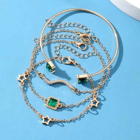 Emerald Green Square Gemstone Star Snake Alloy Bracelet And Bangle Set For Women Elegant Gold Plated Rhinestone Jewelry Gift