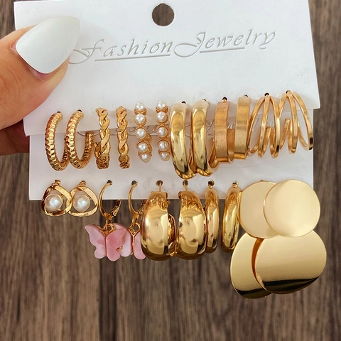Fashion Earring Alloy Gold Geometric Hoops Faux Artificial Pearl Charms Vintage Style For Women With Resin Earring Post