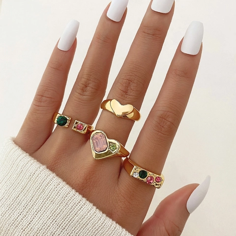 Anillos Ajustables De Aleación De Zirconia Con Corazón Para Mujer Estilo Dulce Cristal Colorido Anillos Abiertos Geométricos Joyería