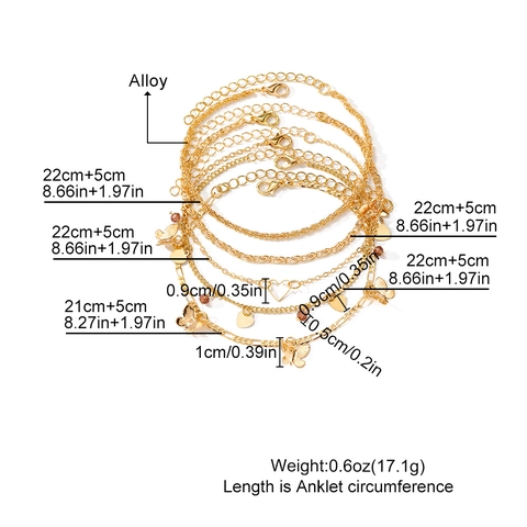 Cavigliera Multistrato in Lega Color Oro Bohemien Con Pendenti a Farfalla Cuore Stella Traforati Estate Spiaggia Vacanza Donna Gioielli