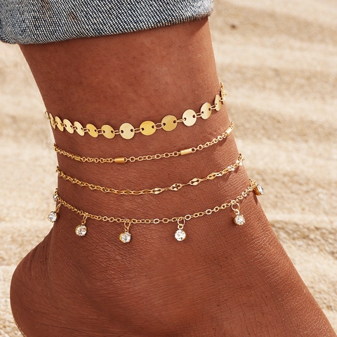 Bracelet de Cheville Multicouche en Alliage Strass Bohème pour Femme Vacances à la Plage Étoile Cœur Coquillage Étoile de Mer Papillon Pendentif Bijoux de Pied