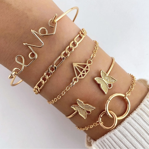 Damen Mode Gold Legierung Armband Set 6-teilig Mehrschichtig Schmetterling Love Geometrische Diamant Stapel Armreif Schmuck Geschenk