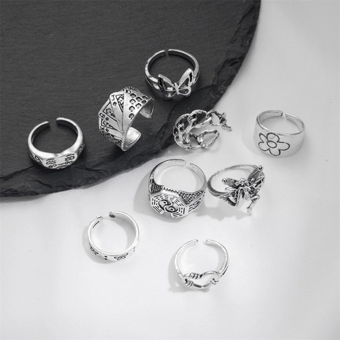 Vintage Antique Silver Alloy Knuckle Ring Collection Butterfly Snake Heart Geometric Oxidized Punk Bohemian Women Jewelry