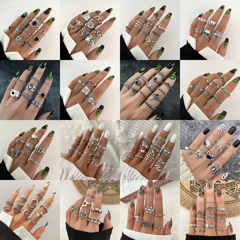 Vintage Antique Silver Alloy Knuckle Ring Collection Butterfly Snake Heart Geometric Oxidized Punk Bohemian Women Jewelry