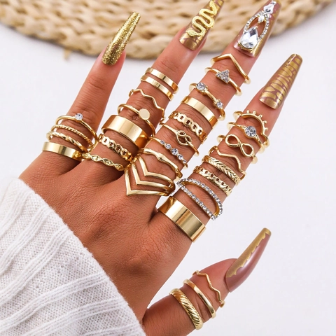 Fashion Bohemian Alloy Rhinestone Artificial Pearl Ring Set For Women Geometric Heart Stackable Finger Rings Jewelry