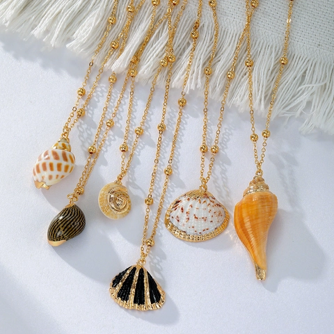 Bohemian Gouden Legering Kraal Ketting Met Natuurlijke Zeeschelp Wulk Anhänger Voor Vrouwen Strandvakantie Sieraden