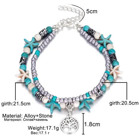 Tobillera Bohemia Doble Capa Mujer Estrella de Mar Árbol de la Vida Turquesa Artificial Ajustable Joyería de Playa