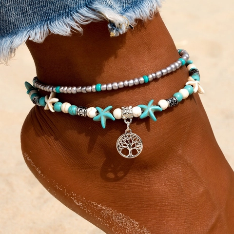 Tobillera Bohemia Doble Capa Mujer Estrella de Mar Árbol de la Vida Turquesa Artificial Ajustable Joyería de Playa