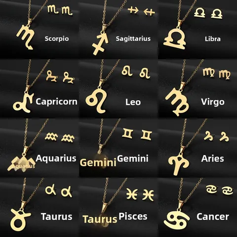 Set di Gioielli in Acciaio Inossidabile con 12 Costellazioni Zodiacali per Donna Collana con Strass Placcata in Oro e Orecchini a Bottone Regalo di Compleanno Astrologia