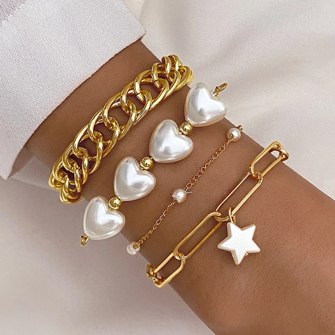 Collezione Bracciale Perla Artificiale Cuore Barocco Per Donna Lega Oro Argento Placcato Catena Ciondolo Stella Gioielli Hip Hop
