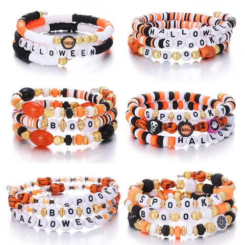 Pulsera de Cuentas Multicapa de Halloween Arcilla Polimérica Aleación de Zinc Amuletos Letras Spooky Boo Calabaza Calavera Fantasma