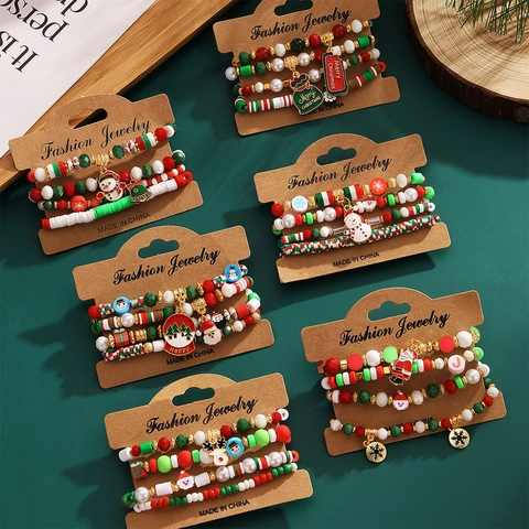 Christmas Beaded Bracelet Set For Women Acrylic Polymer Clay Alloy Rhinestone Santa Snowman Elastic Holiday Jewelry Gift