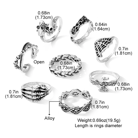 Gothic Punk Skeleton Skull Butterfly Rings For Women Antique Silver Vintage Halloween Jewelry Assorted Retro Grunge Jewelry